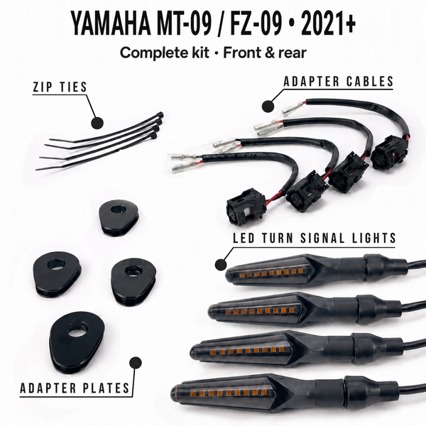 Yamaha mt09-2021 • Complete kit • Front & rear — MotoLumino V2 indicators, MLAC11 cables, MLAP05 plates and cable ties