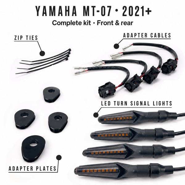 Yamaha MT-09 / FZ-09 (2021+) Yamaha Kit 2 full contents with four LED signals, MLAC11 connectors, MLAP05 mounting adapters and cable ties