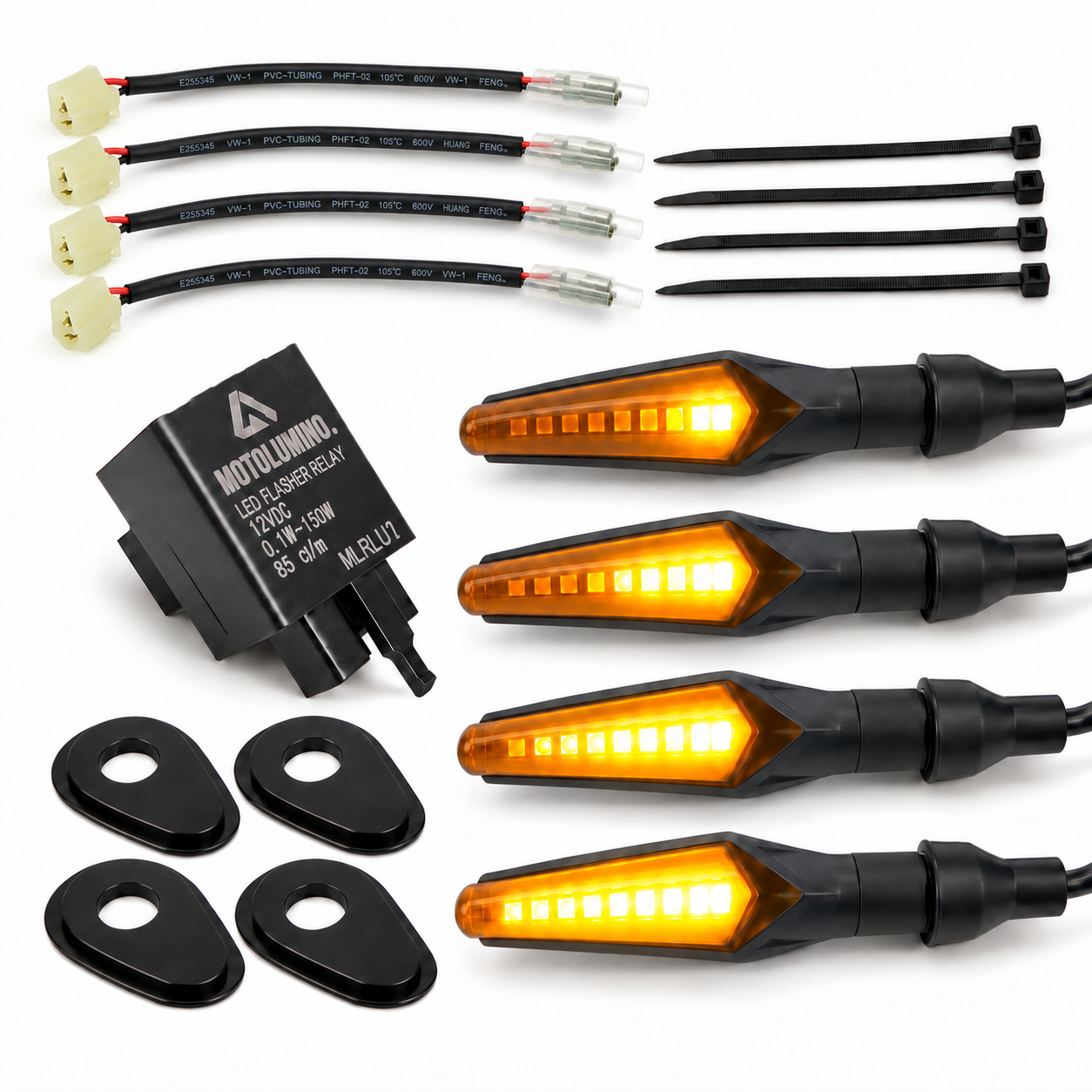Yamaha MT-09 FZ-09 2013–2016 MotoLumino V2 complete LED turn signal kit: four equal-length MLAC14 cables, four MLAP05 plates, four sequential indicators, MLRLU1 relay and four cable ties