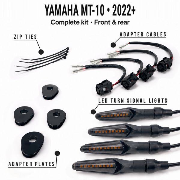 Yamaha mt10-2022 • Complete kit • Front & rear — MotoLumino V2 indicators, MLAC11 cables, MLAP05 plates and cable ties