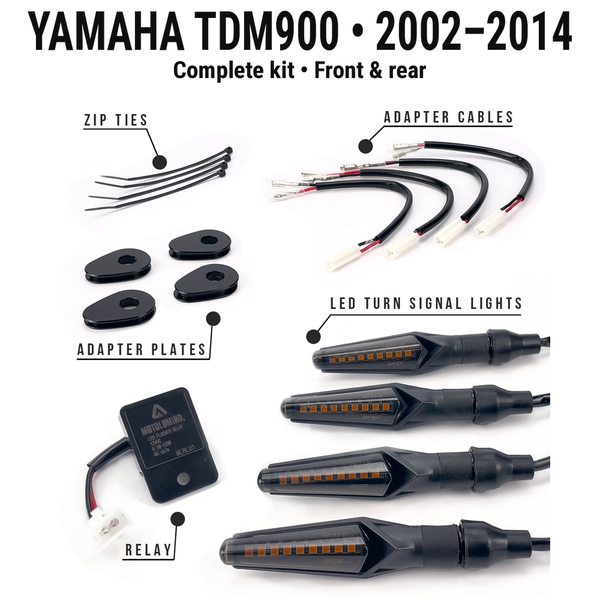 Yamaha tdm900-2002-2014 MotoLumino V2 complete kit • Front & rear. Four indicators, MLAC12 wiring adapters, MLAP05 plates, MLRLU1 flasher relay and four cable ties