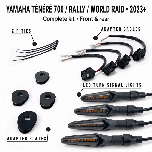 Yamaha tenere700-2023 • Complete kit • Front & rear — MotoLumino V2 indicators, MLAC11 cables, MLAP05 plates and cable ties