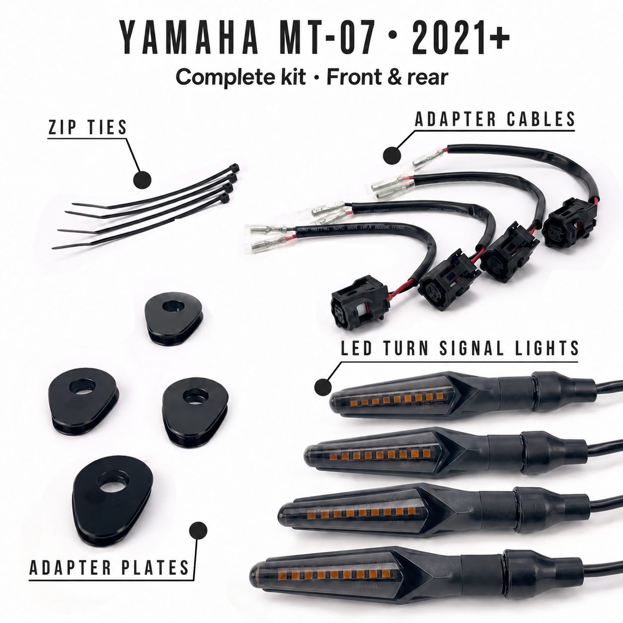 Yamaha Ténéré 700 / Rally / World Raid (2023+) Kit 2 contents: four LEDs, MLAC11 cables, MLAP05 plates