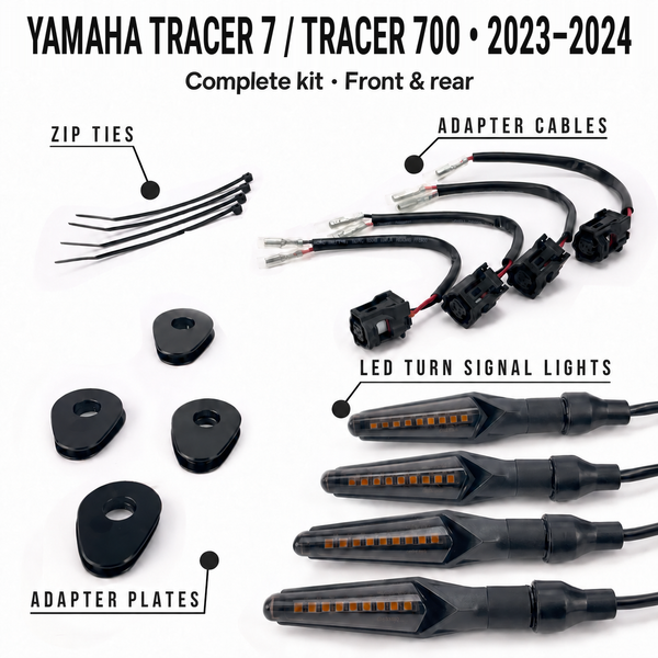 Yamaha tracer7-2023-2024 • Complete kit • Front & rear — MotoLumino V2 indicators, MLAC11 cables, MLAP05 plates and cable ties