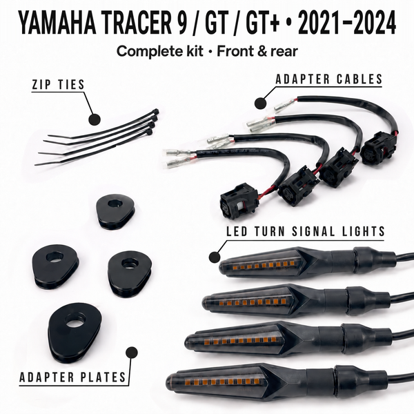 Yamaha tracer9-2021-2024 • Complete kit • Front & rear — MotoLumino V2 indicators, MLAC11 cables, MLAP05 plates and cable ties