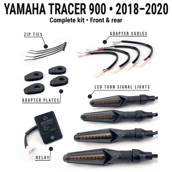 Yamaha tracer900-2018-2020 MotoLumino V2 complete kit • Front & rear. Four indicators, MLAC12 wiring adapters, MLAP05 plates, MLRLU1 flasher relay and four cable ties