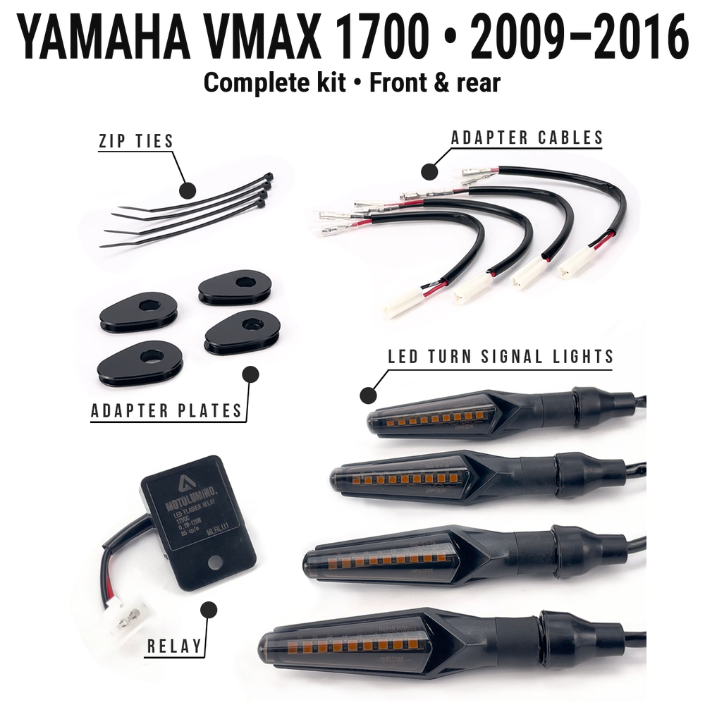 Yamaha vmax1700-2009-2016 MotoLumino V2 complete kit • Front & rear. Four indicators, MLAC12 wiring adapters, MLAP05 plates, MLRLU1 flasher relay and four cable ties