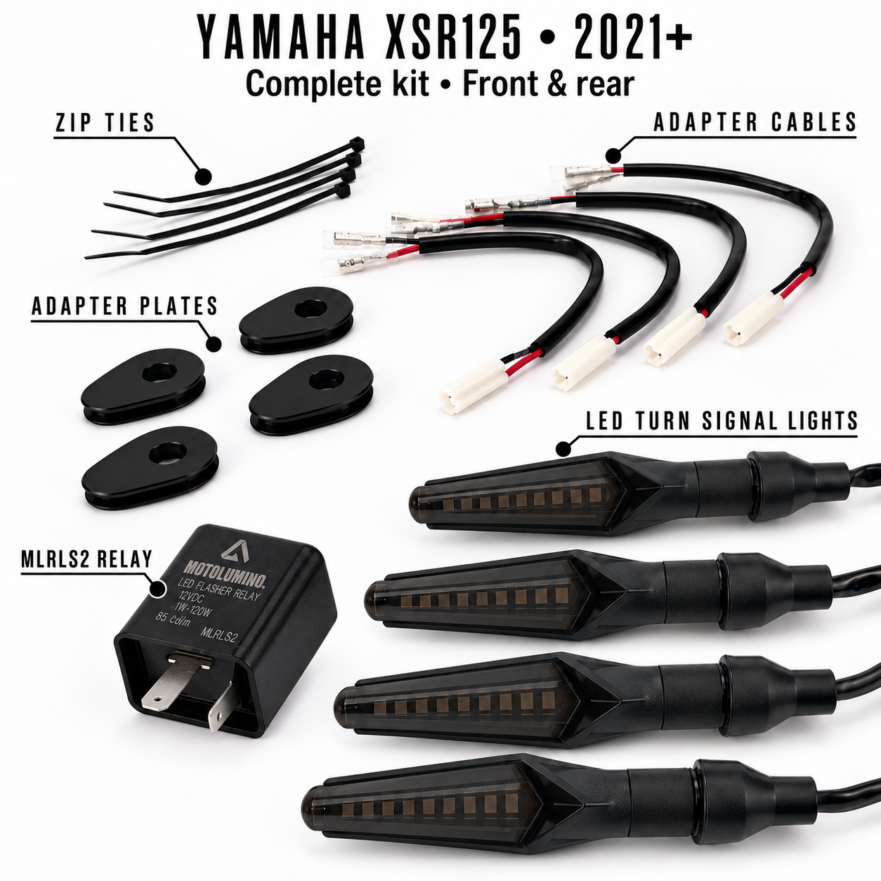 Yamaha XSR125 2021+ complete kit • front and rear — MotoLumino V2 LEDs, MLRLS2, MLAC12 and MLAP05