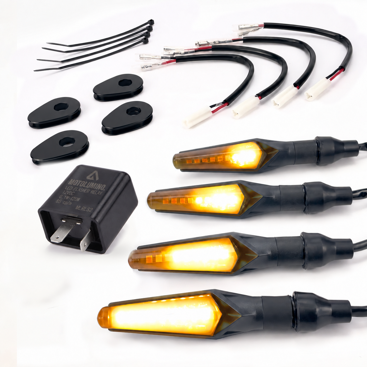 Yamaha YZF-R125 (2019+) Complete Yamaha MotoLumino V2 kit: four sequential turn signals, four MLAC12 connector adapter cables, four MLAP05 plates, two-pin MLRLS2 relay and four cable ties