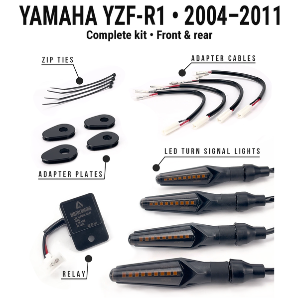 Yamaha yzfr1-2004-2011 MotoLumino V2 complete kit • Front & rear. Four indicators, MLAC12 wiring adapters, MLAP05 plates, MLRLU1 flasher relay and four cable ties