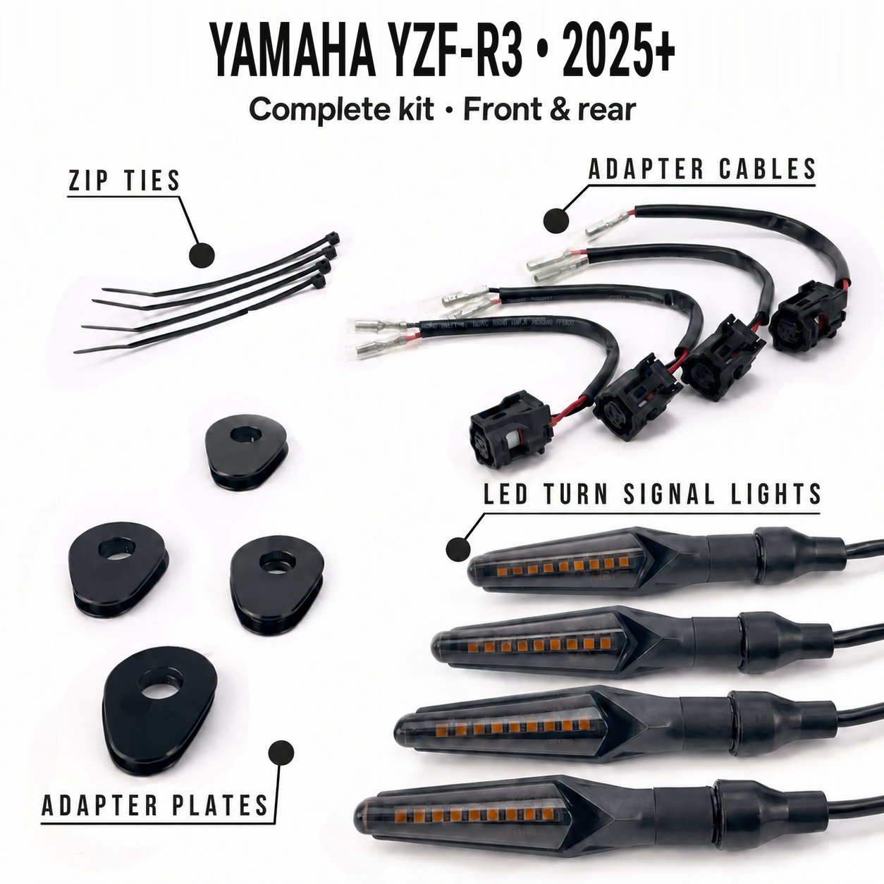 Yamaha yzfr3-2025 • Complete kit • Front & rear — MotoLumino V2 indicators, MLAC11 cables, MLAP05 plates and cable ties