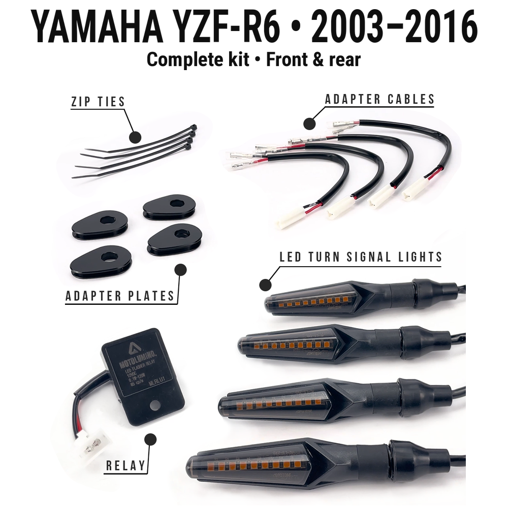 Yamaha yzfr6-2003-2016 MotoLumino V2 complete kit • Front & rear. Four indicators, MLAC12 wiring adapters, MLAP05 plates, MLRLU1 flasher relay and four cable ties