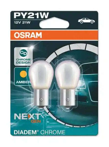 Osram Diadem chrome look halogen turn signal bulbs PY21W BAU15s